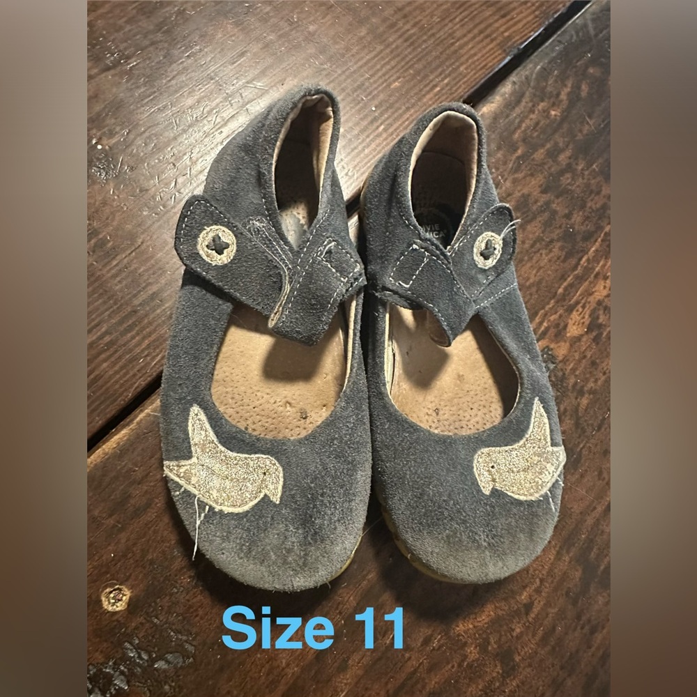 Livie & Luca Gray Suede Mary Janes with Cream Bird Appliques